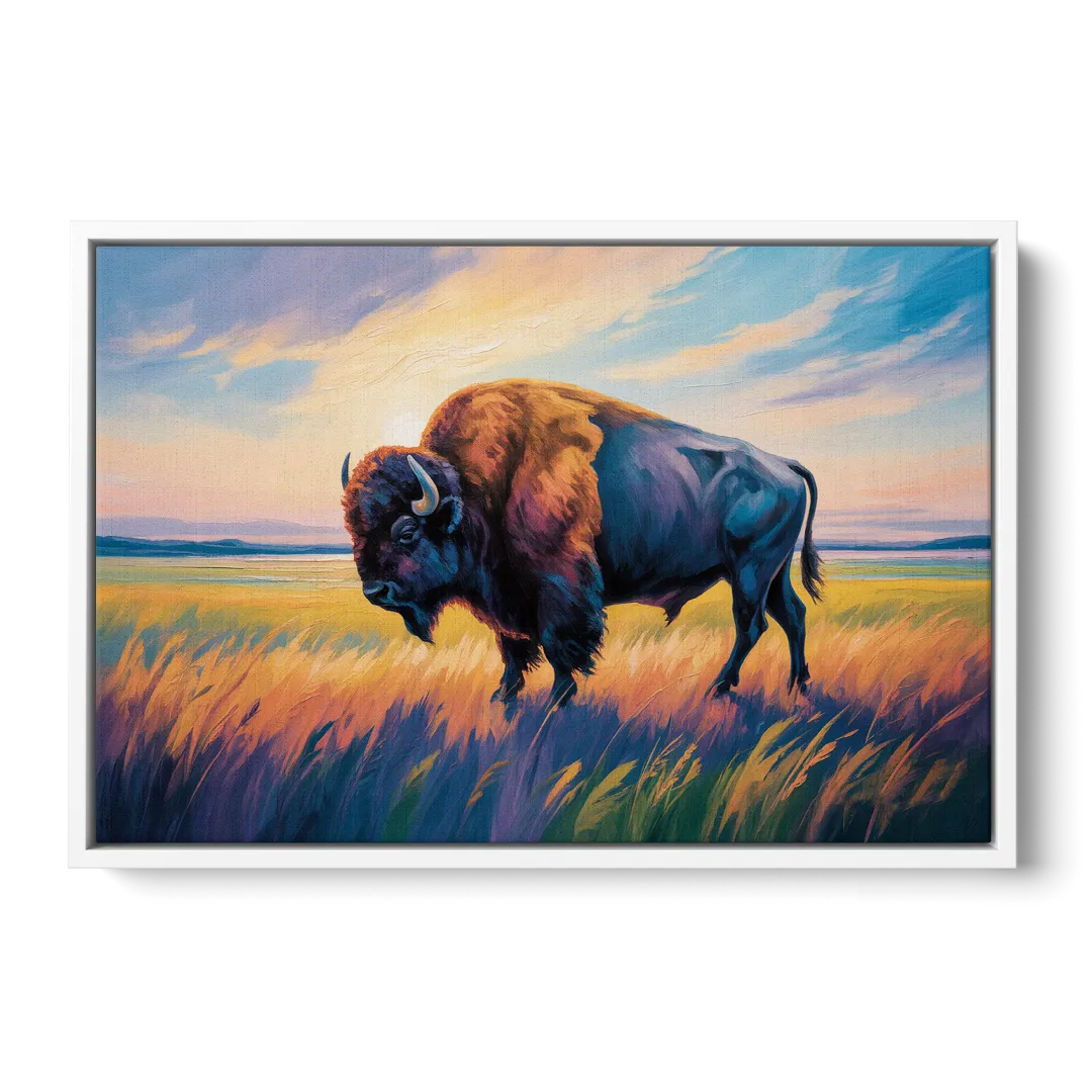 Majestic Buffalo Silhouette - White Frame Canvas