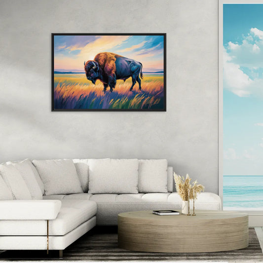 Majestic Buffalo Silhouette - Living Room Black Frame Canvas