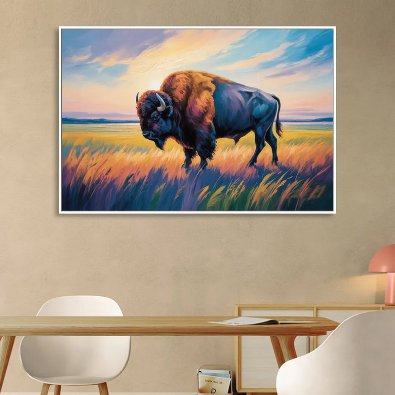 Majestic Buffalo Silhouette Living Room - White Canvas Wall Art