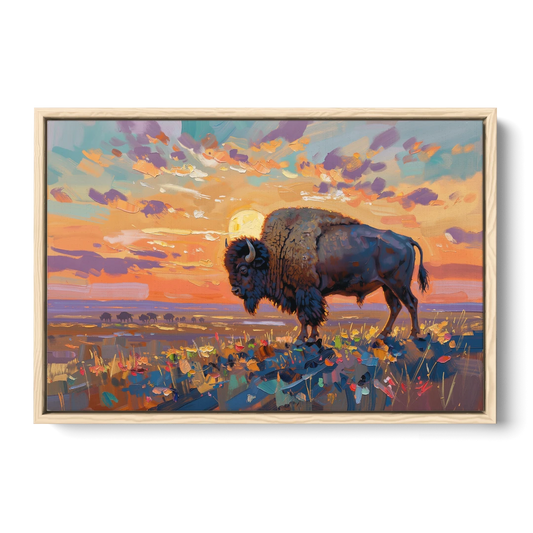 Majestic Buffalo Silhouette - Oak Framed Canvas Wall Art - Front