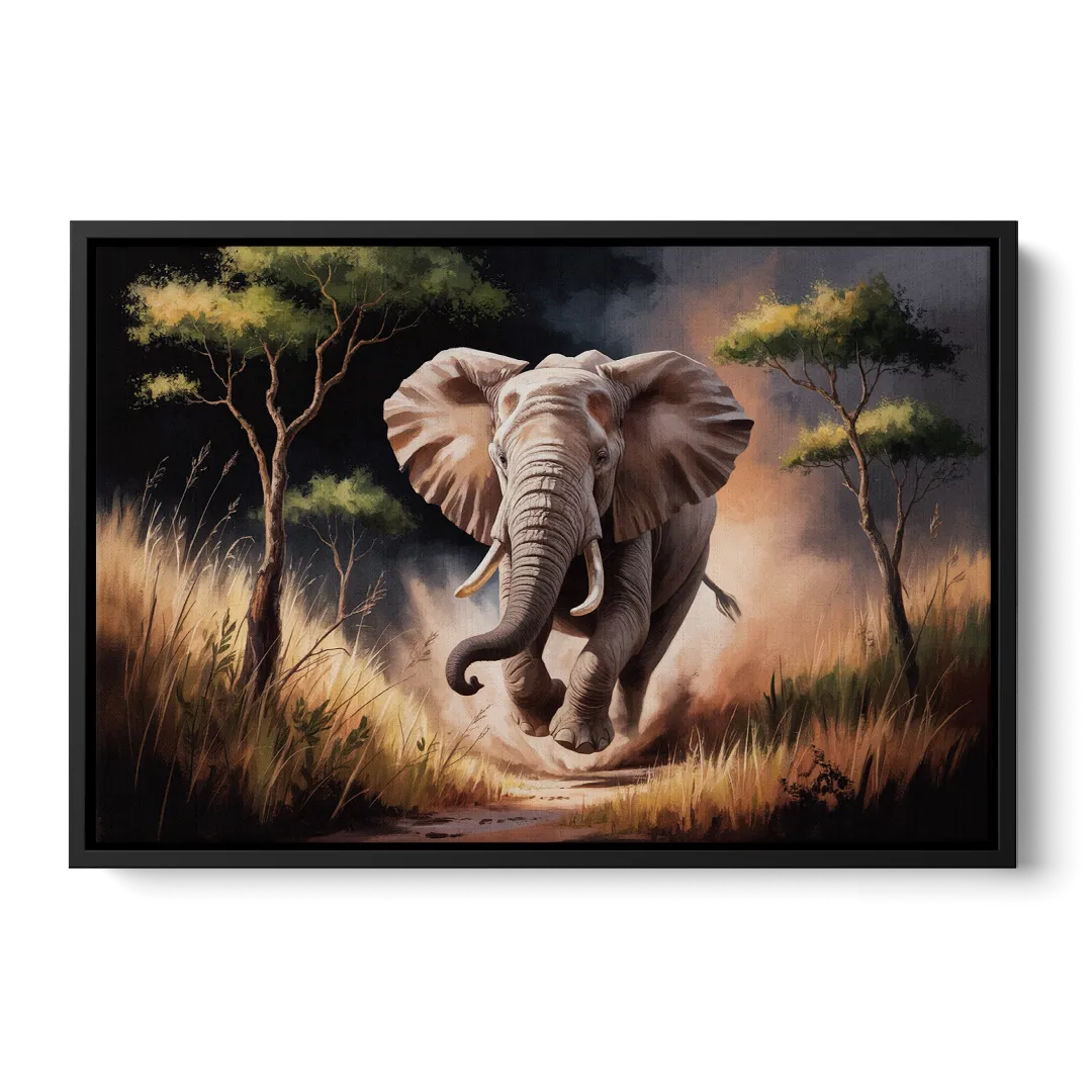Majestic Elephant Charge Front - Black Canvas Wall Art