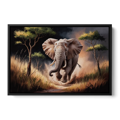 Majestic Elephant Charge Front - Black Canvas Wall Art