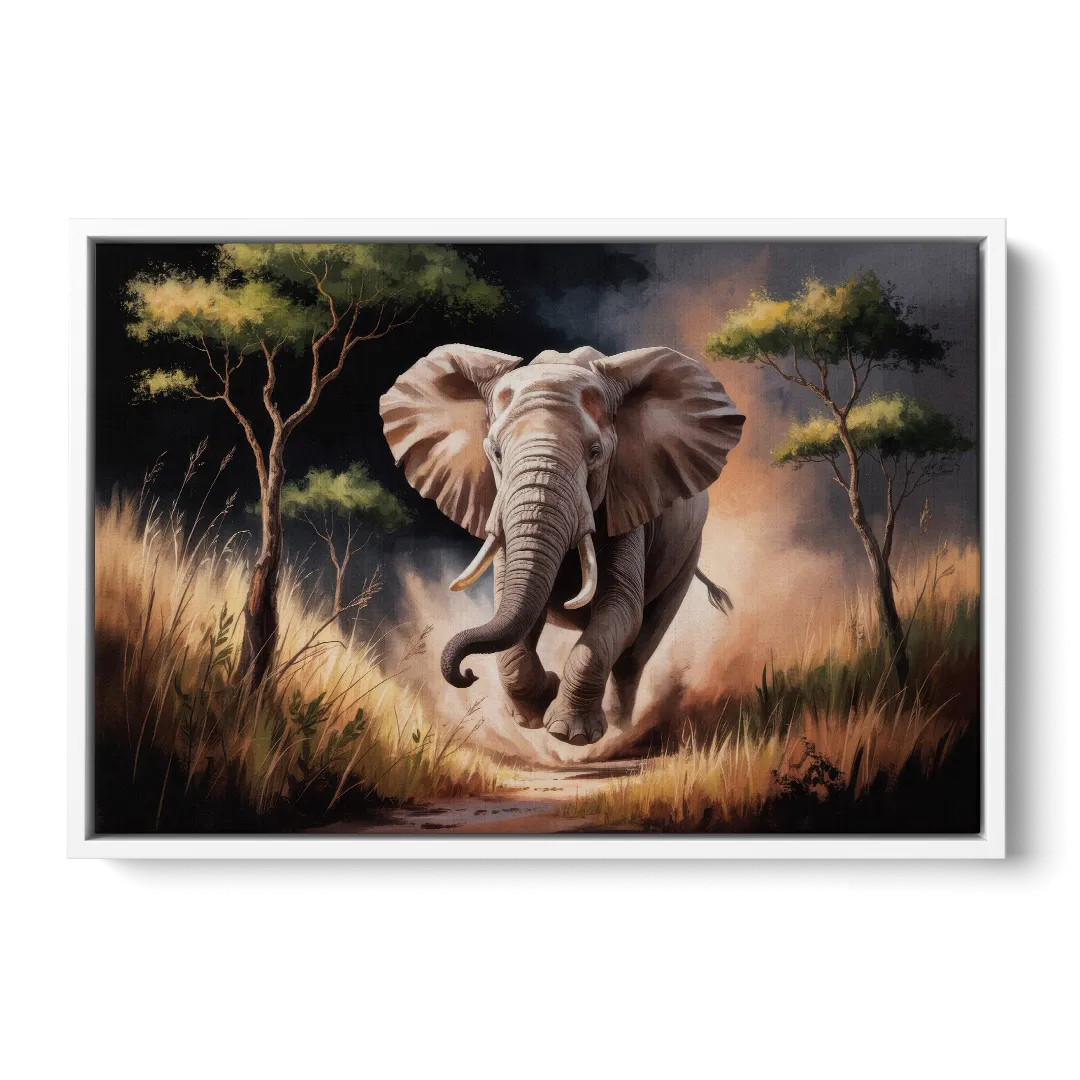 Majestic Elephant Charge - White Frame Canvas