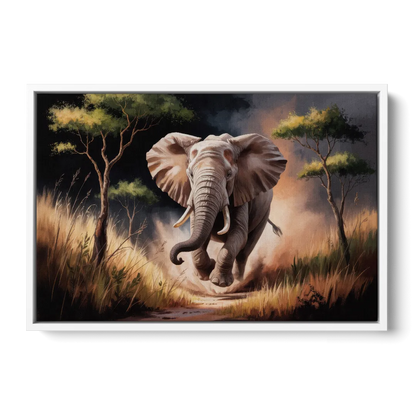 Majestic Elephant Charge - White Frame Canvas