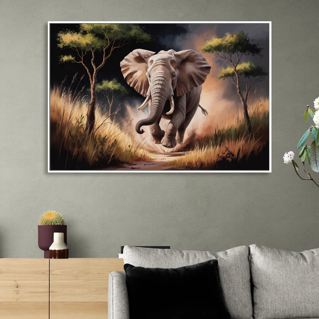 Majestic Elephant Charge Sitting Room - White Canvas Wall Art