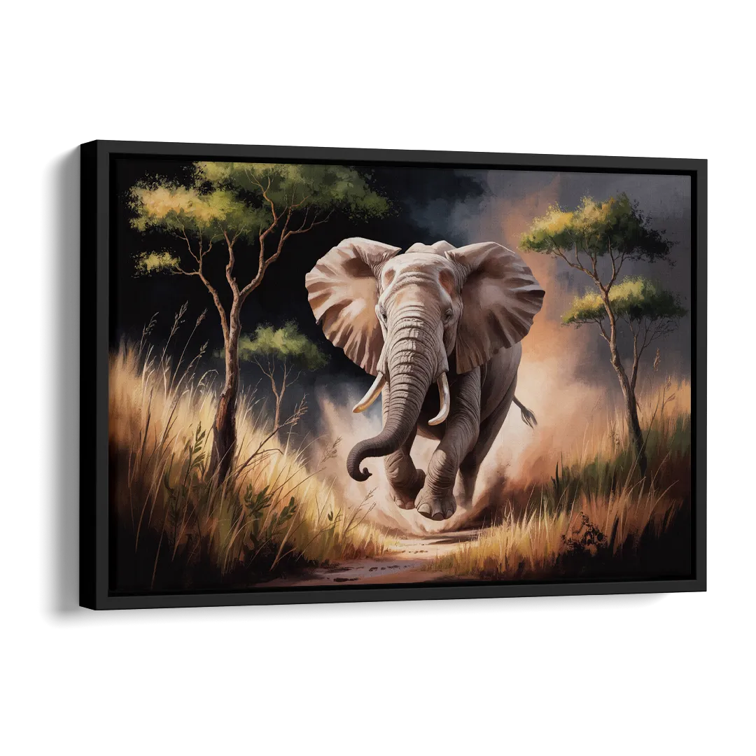 Majestic Elephant Charge Side - Black Canvas Wall Art
