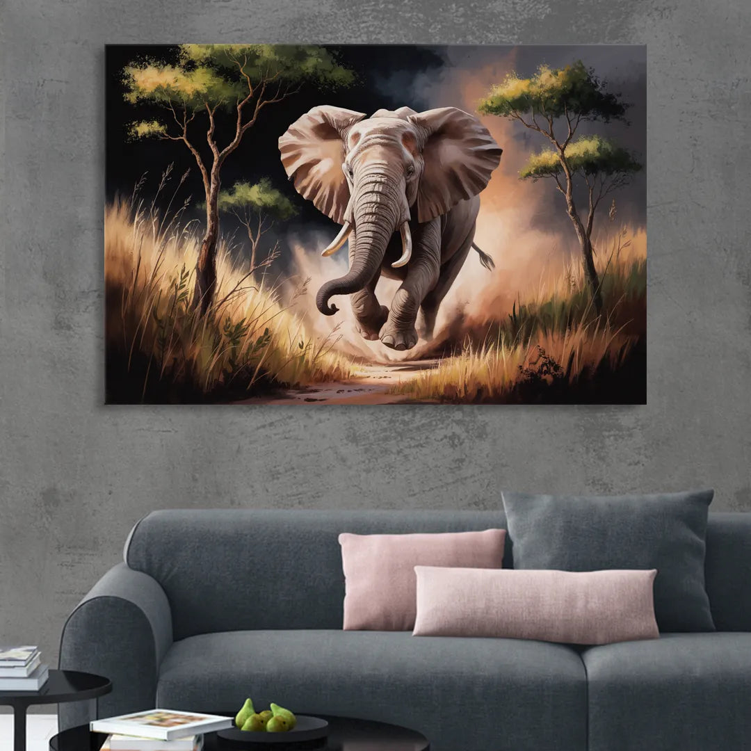 Majestic Elephant Charge Sitting Room - Canvas Wall Art