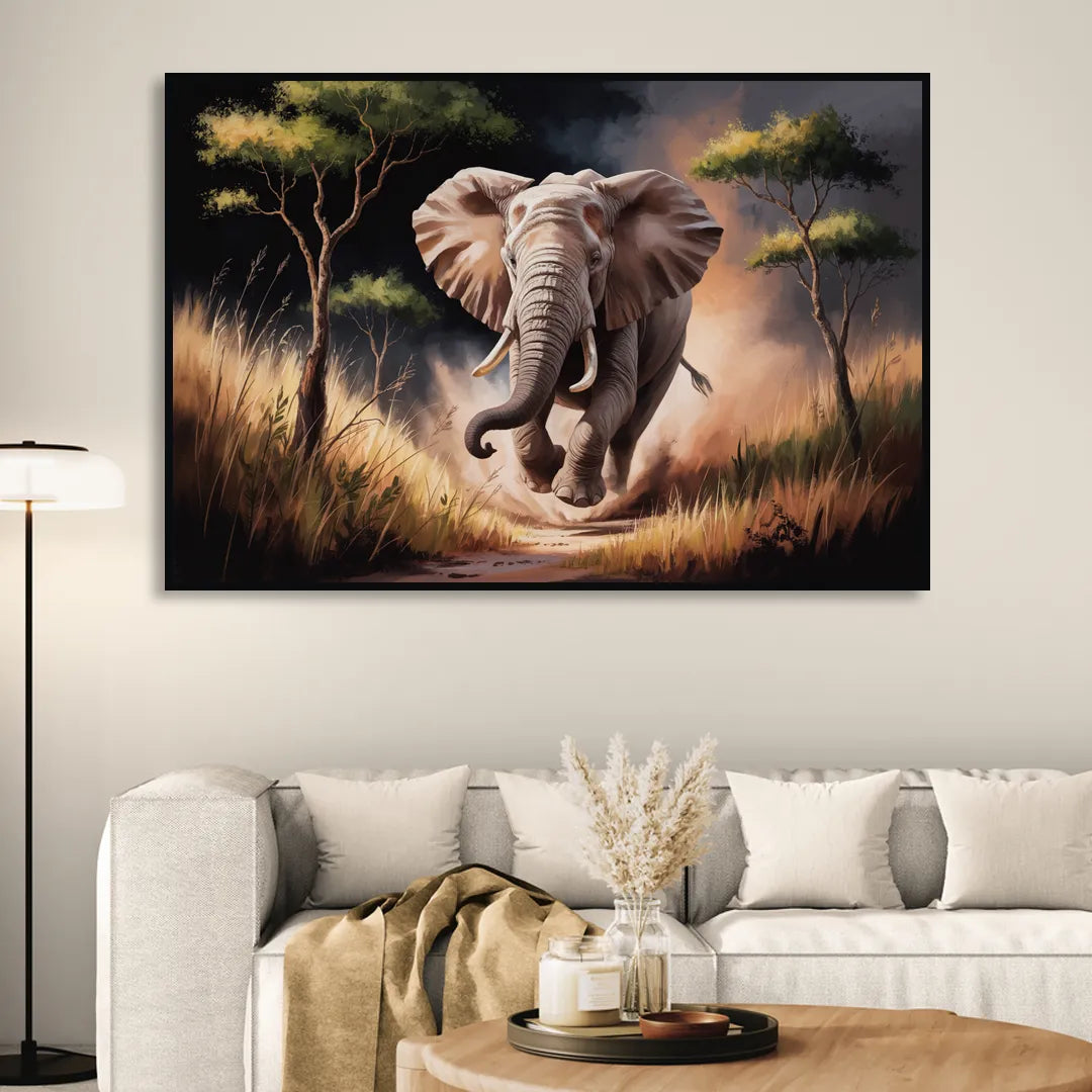 Majestic Elephant Charge Living Room - Black Canvas Wall Art