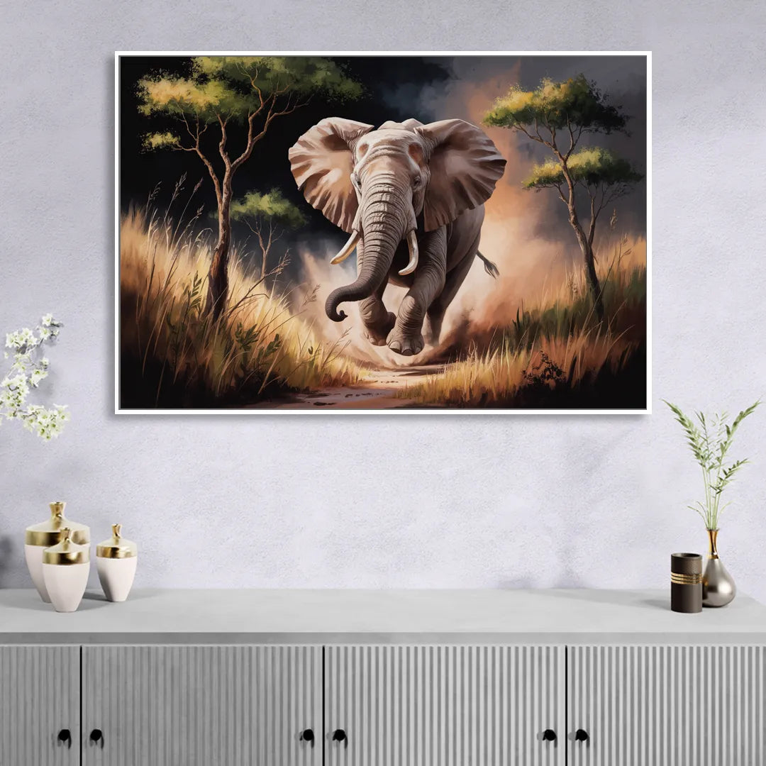 Majestic Elephant Charge Living Room - White Canvas Wall Art