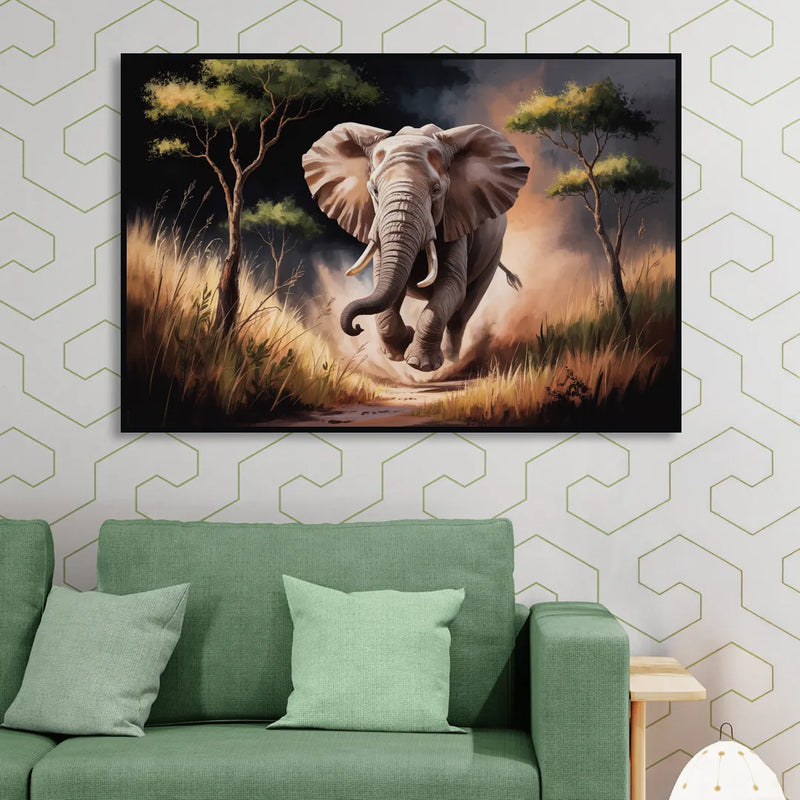 Majestic Elephant Charge Sitting Room - Black Canvas Wall Art