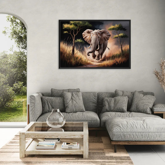 Majestic Elephant Charge - Living Room Black Frame Canvas