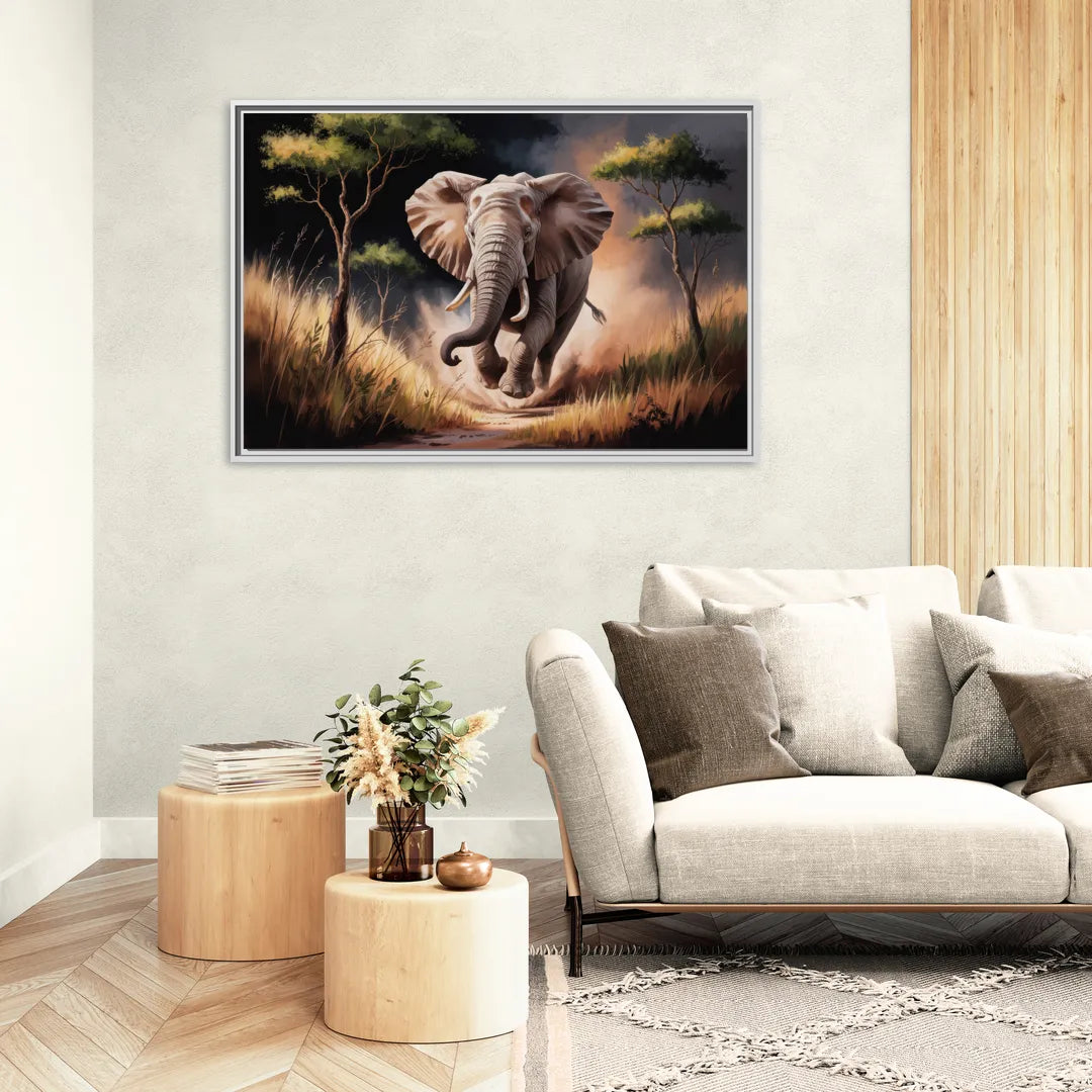 Majestic Elephant Charge - Living Room White Frame Canvas