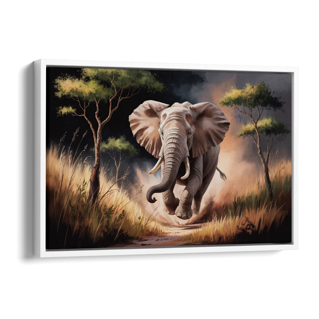 Majestic Elephant Charge Side - White Canvas Wall Art