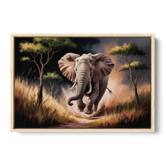 Majestic Elephant Charge - Oak Framed Canvas Wall Art - Front