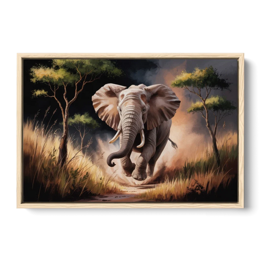 Majestic Elephant Charge - Oak Framed Canvas Wall Art - Front