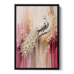 Majestic Peacock Elegance White and Gold - Black Framed Canvas Wall Art - Front