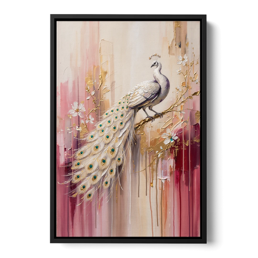 Majestic Peacock Elegance White and Gold - Black Framed Canvas Wall Art - Front