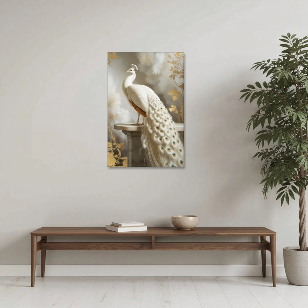 Majestic Peacock Elegance White and Gold - Canvas Wall Art - Coffee Table - 24x36