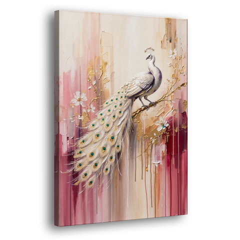 Majestic Peacock Elegance White and Gold - Canvas Wall Art - Side