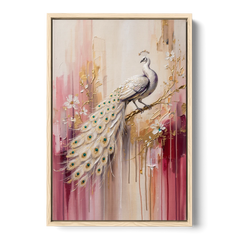 Majestic Peacock Elegance White and Gold - Oak Framed Canvas Wall Art - Front