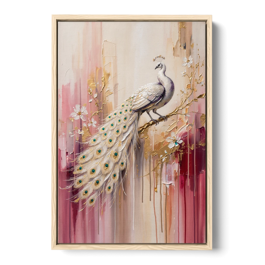Majestic Peacock Elegance White and Gold - Oak Framed Canvas Wall Art - Front