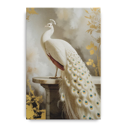 Majestic Peacock Elegance White and Gold - Canvas Wall Art