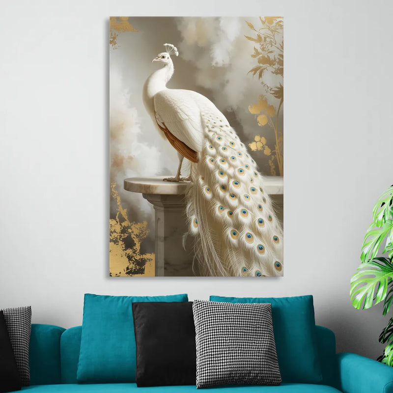 Majestic Peacock Elegance White and Gold Sitting Room - Canvas Wall Art
