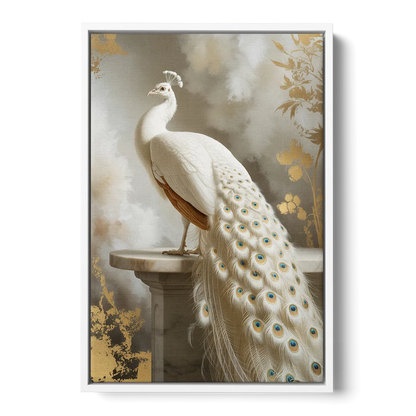 Majestic Peacock Elegance White and Gold - White Frame Canvas