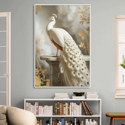 Majestic Peacock Elegance White and Gold Sitting Room - White Canvas Wall Art