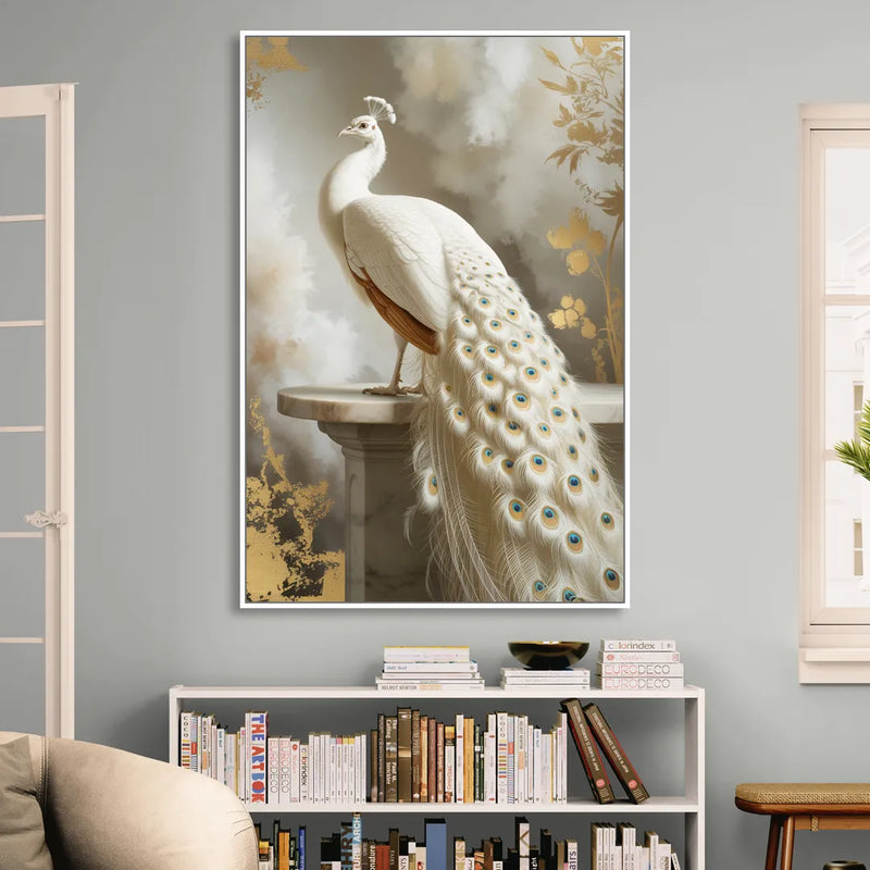 Majestic Peacock Elegance White and Gold Sitting Room - White Canvas Wall Art