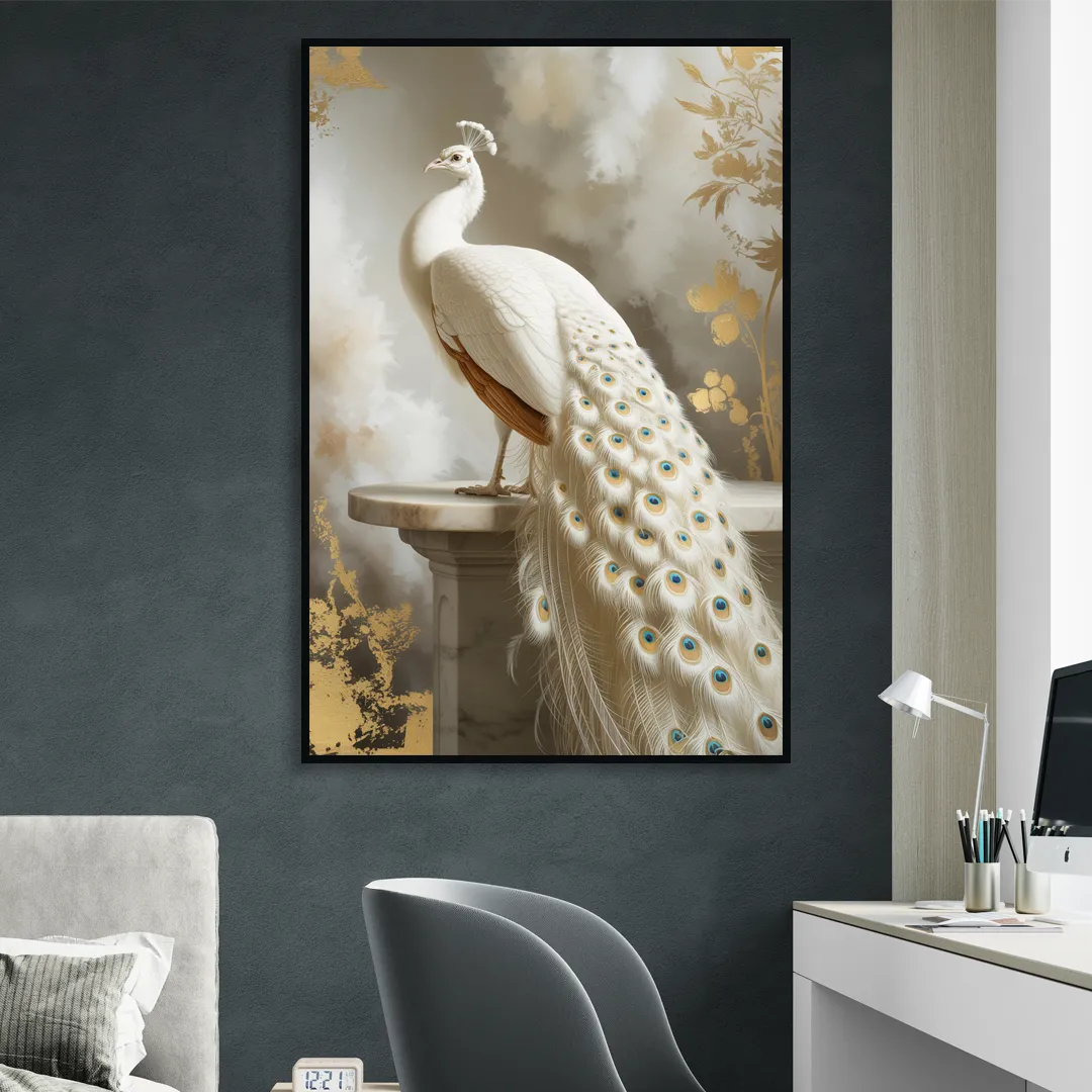 Majestic Peacock Elegance White and Gold Living Room - Black Canvas Wall Art