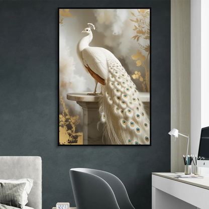 Majestic Peacock Elegance White and Gold Living Room - Black Canvas Wall Art