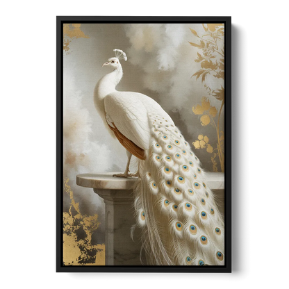 Majestic Peacock Elegance White and Gold - Black Frame Canvas
