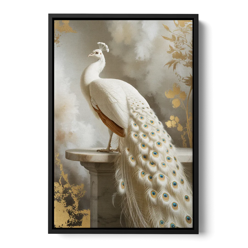 Majestic Peacock Elegance White and Gold Front - Black Canvas Wall Art