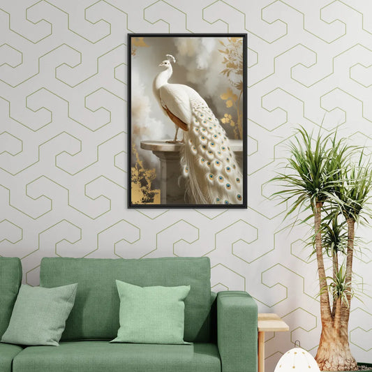 Majestic Peacock Elegance White and Gold - Living Room Black Frame Canvas
