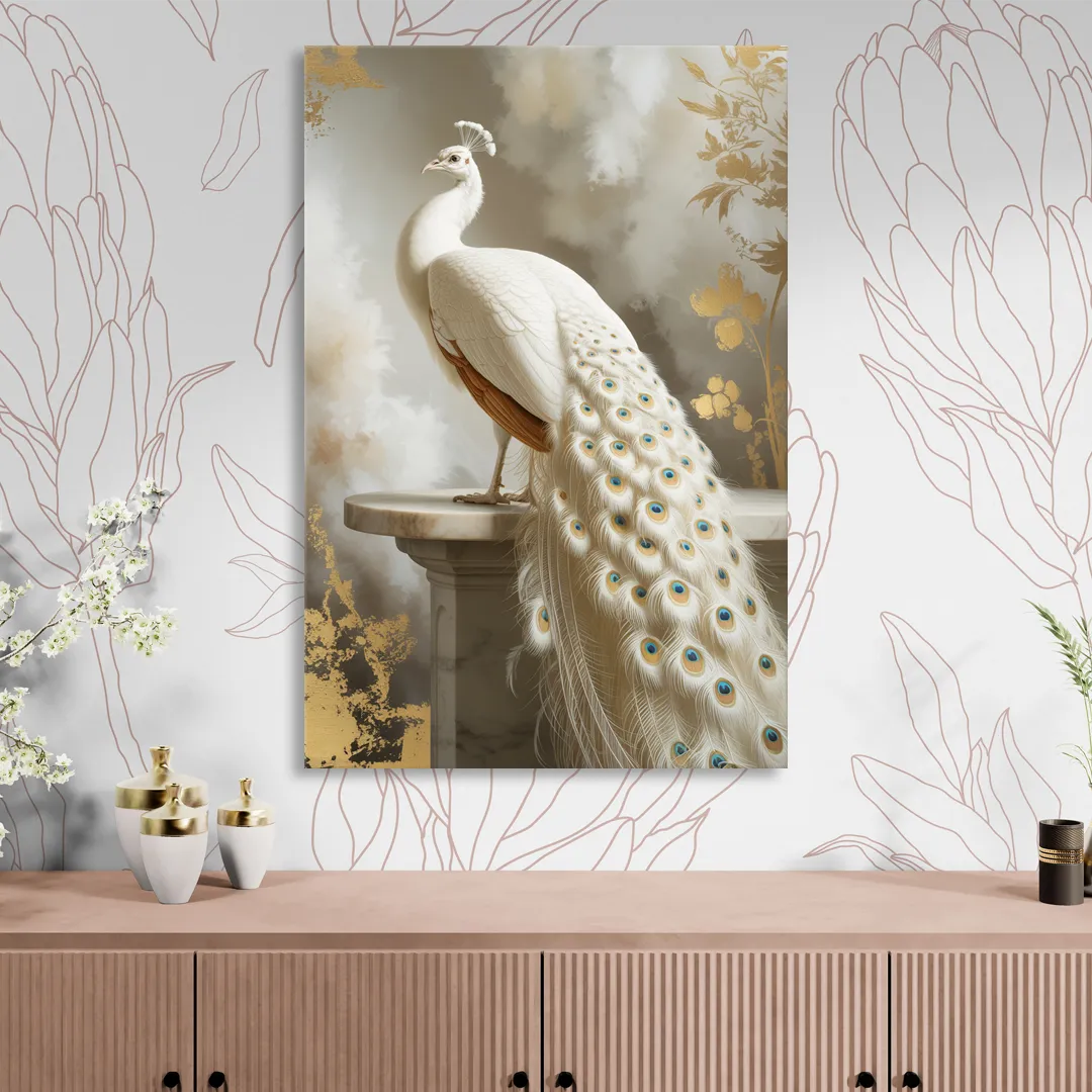 Majestic Peacock Elegance White and Gold Living Room - Canvas Wall Art