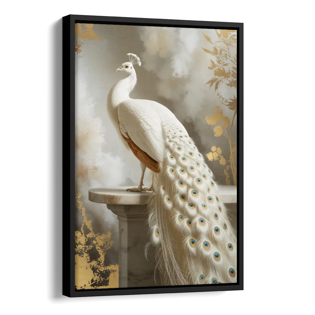 Majestic Peacock Elegance White and Gold Side - Black Canvas Wall Art