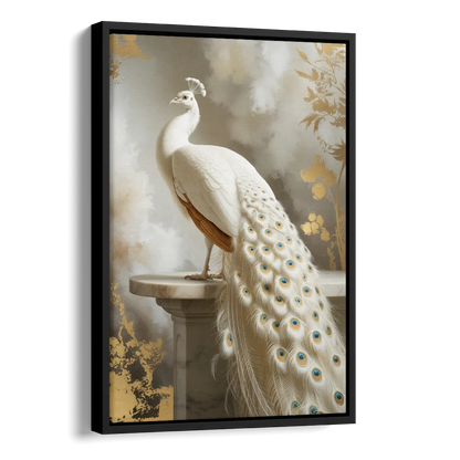 Majestic Peacock Elegance White and Gold Side - Black Canvas Wall Art