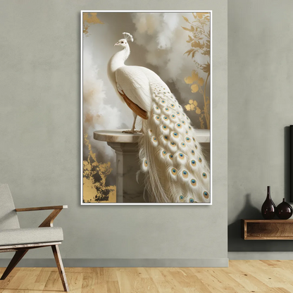 Majestic Peacock Elegance White and Gold Living Room - White Canvas Wall Art