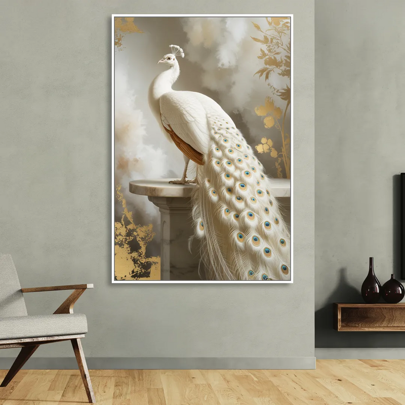 Majestic Peacock Elegance White and Gold Living Room - White Canvas Wall Art