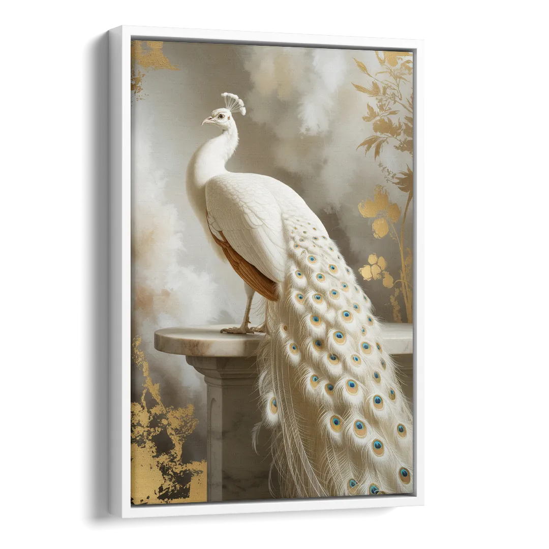 Majestic Peacock Elegance White and Gold Side - White Canvas Wall Art