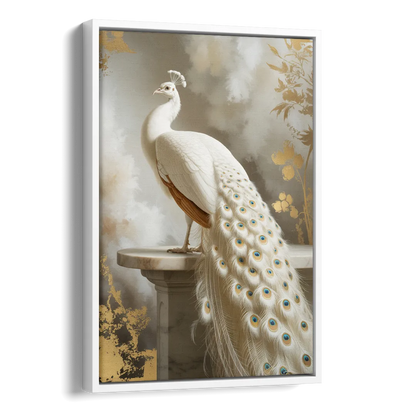 Majestic Peacock Elegance White and Gold Side - White Canvas Wall Art