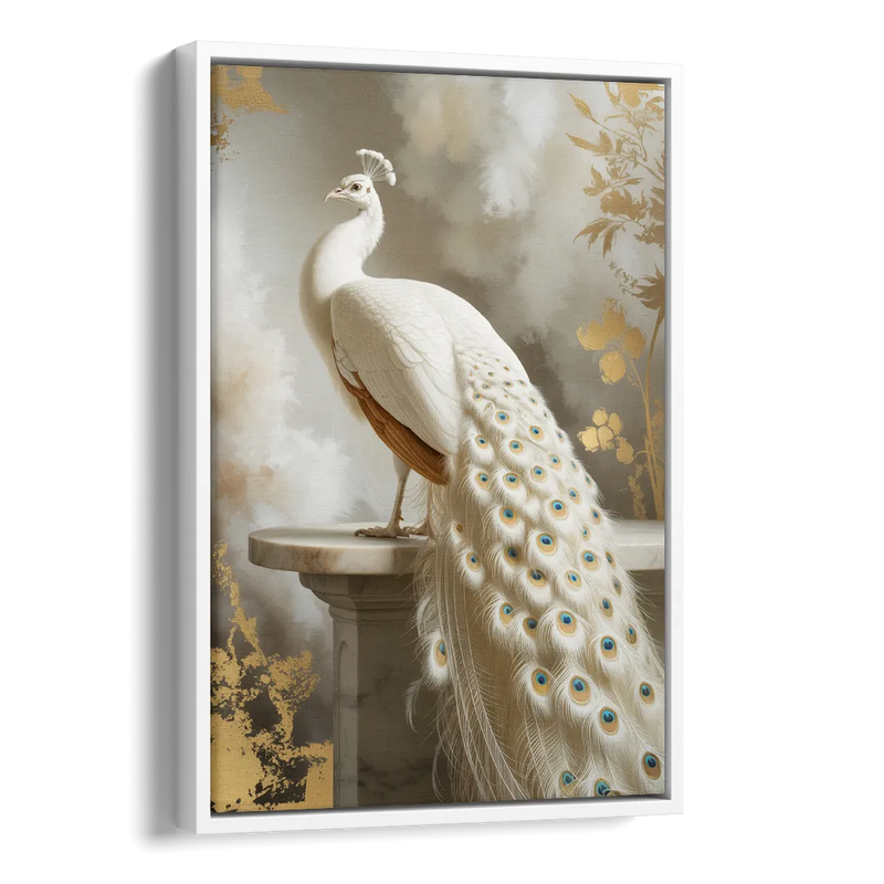 Majestic Peacock Elegance White and Gold Side - White Canvas Wall Art