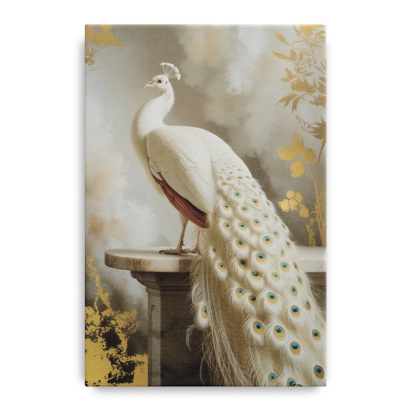 Majestic Peacock Elegance White and Gold Front - Canvas Wall Art