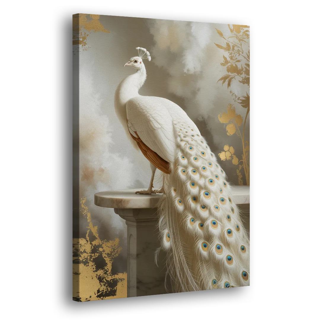 Majestic Peacock Elegance White and Gold Side - Canvas Wall Art