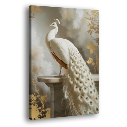 Majestic Peacock Elegance White and Gold Side - Canvas Wall Art
