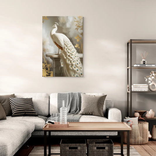Majestic Peacock Elegance White and Gold - Canvas Wall Art Living Room