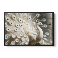 Majestic Peacock in White and Gold - Black Framed Canvas Wall Art - Front