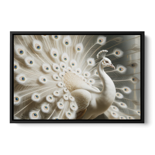 Majestic Peacock in White and Gold - Black Framed Canvas Wall Art - Front