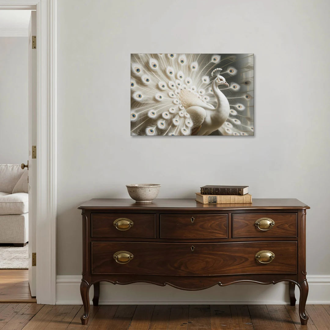 Majestic Peacock in White and Gold - Canvas Wall Art - Coffee Table - 36x24